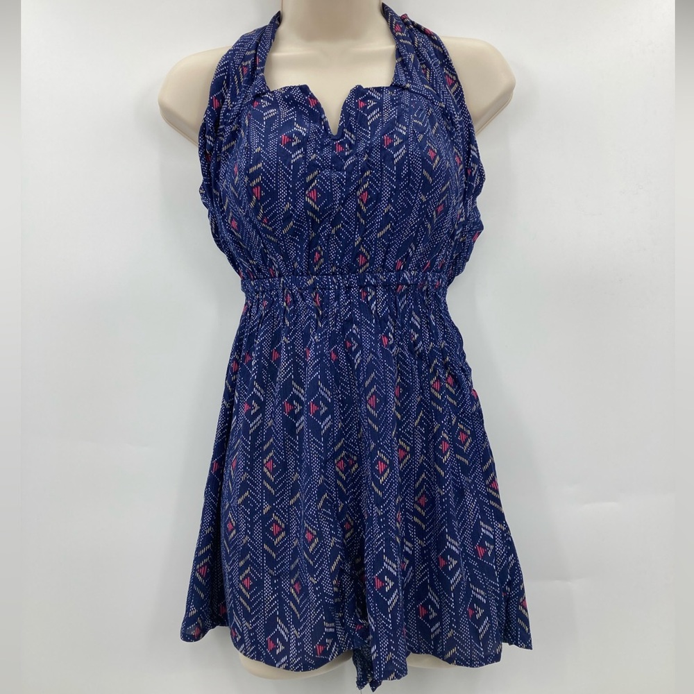 Wishfulpark Women’s Blue/Pink Detail Elastic Top Tie Front Strapless Romper